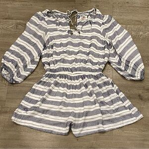 L Anthropologie Holding Horses Striped Romper Medium Blue White Boho Peasant